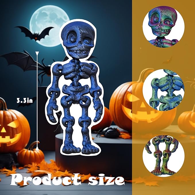 14 pcs 3D Printed Skeleton Figurines, Colorful 3.15 Inch Halloween Decorations, Fun Spooky Skull Toys for Desk, Party, or Shelf Display