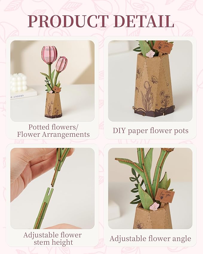 3D Flower Wooden Puzzles for Adults-Pink Tulip, DIY Wooden Flowers Model Kit Building Set Crafts for Adults to Build, Botanical Collection/Ideal Creative Gift Ideas/Housewarming (72PCS)