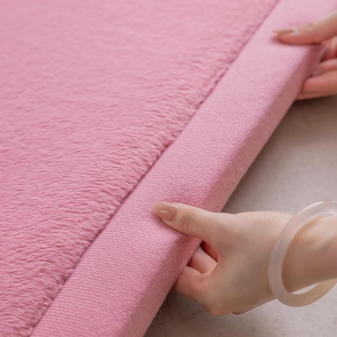 Loartee Faux Rabbit Fur Rug - 1.18" Thick Soft Fluffy Area Rug, Non-Slip Memory Foam Crawling Mat, Light Pink, 78"x78"
