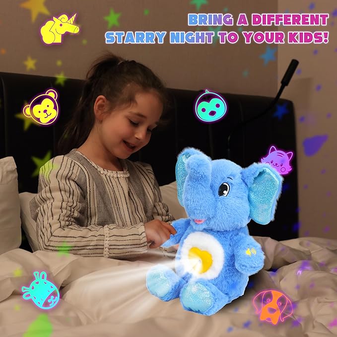 Cuteoy Plush Blue Elephant Star Projector Musical Adjustable Singing Night Light Stuffed Animals Glowing Plushies Toy Gifts for Kids Birthday Easter Christmas,13''
