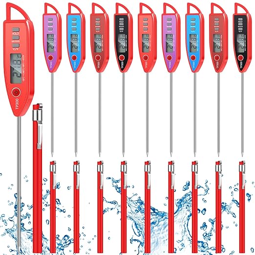 10 Set Waterproof Food Thermometer for Water, Liquid, Candle and Cooking Digital Meat Thermometer with Long Probe Instant Read for Kitchen BBQ Grill Candy (Red)