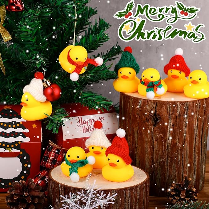 Jerify 72 Pieces Christmas Rubber Ducks with Classic Knitting Hats and Stripe Scarves Mini Cute Yellow Duck for Xmas Swimming Pool Birthday Party Bath Baby Shower