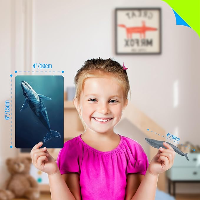 24PCS Animal Figurines with 24 Introducing Flashcards, Wild & Marine Animal Figures Safari and Underwater Creature Learning Montessori Toys Science Educational Matching Game for Homeschool, Kids