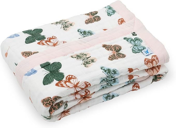 Little Unicorn Newborn Receiving Quilt | Ultra- Soft, Multi-Layered Muslin Fabric | Gift for Newborns & on-The-go (Butterflies)