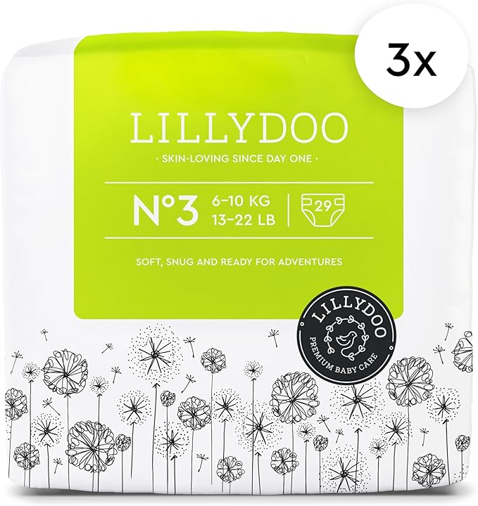 LILLYDOO Baby Diapers - Size 3 (13-22 lbs), Half-Monthly Supply (87 Count), Leak Protection, Skin-Friendly, Ultrasoft, Perfume- & Chlorine-Free, Hypoallergenic, Dermatologist Tested, Oeko-TEX®