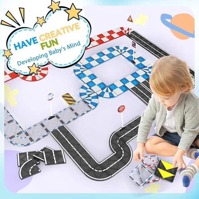 Magnetic Tiles Road Set & Racing Track Expansion Pack, Magnetic Blocks Building Toys for 3+ Year Old Boys Girls, STEM Magnetic Toys Magnetic Tiles for Toddlers 3-5 4-8