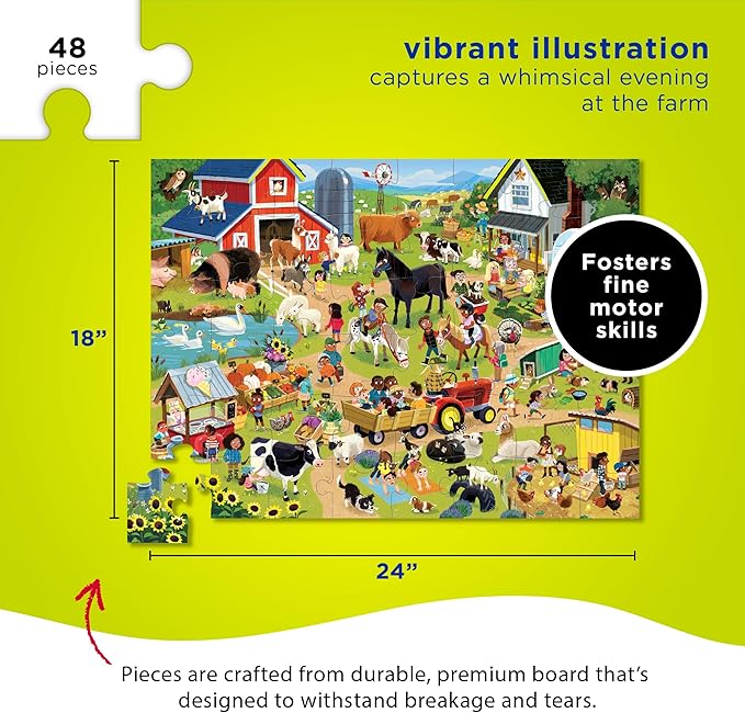 Crocodile Creek 48-Piece Jigsaw Floor Puzzle - Fun Floor Puzzles for Kids Ages 4-8 - Heavy-Duty Shaped Box for Storage - Day at The Farm - 18 x 24 inches Finished