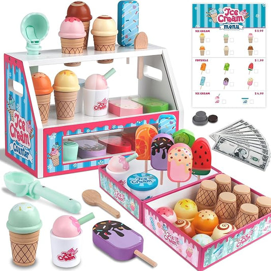 Wooden Ice Cream Toys Kids Toy Food for Toddler Girls 3+, Ice Cream Shop Playset, Pretend Play Kitchen Toys with Display Counter & Fake Money - Wooden Food Toys for 3 4 5 Year Old Girls Boys Birthday