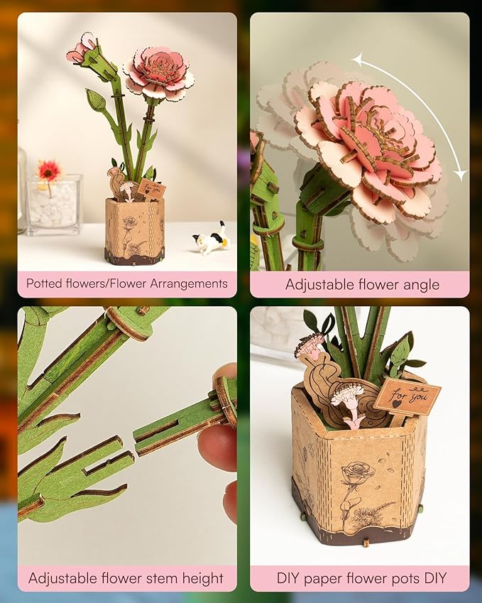 3D Flower Wooden Puzzles for Adults-Pink Carnation, DIY Wooden Flowers Model Kit Building Set Crafts for Adults to Build, Botanical Collection/Ideal Creative Gift Ideas/Housewarming (124PCS)