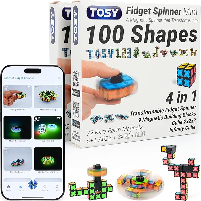 TOSY Magnet Fidget Spinner Mini - 8 Blocks, 3 in 1 Toy: Transformable Fidget Spinner, Infinity Cube, 2x2 Puzzle Cube, Stress Relief, STEM Magnet Tiles Birthday Gift for Kids/Boys/Girls/Adults, 2-Pack