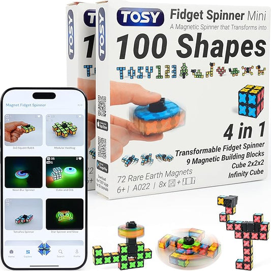TOSY Magnet Fidget Spinner Mini - 8 Blocks, 3 in 1 Toy: Transformable Fidget Spinner, Infinity Cube, 2x2 Puzzle Cube, Stress Relief, STEM Magnet Tiles Birthday Gift for Kids/Boys/Girls/Adults, 2-Pack