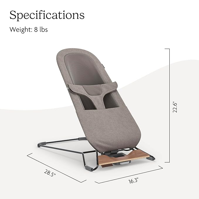 UPPAbaby Mira Bouncer/Portable 2-in-1 Bouncer + Seat Grows with Your Baby/GREENGuard® Gold, JPMA + FSC® Certified/Cozy Seat Liner + Storage Bag Included/Wells (Taupe Mélange/Black Chrome/Walnut Wood)
