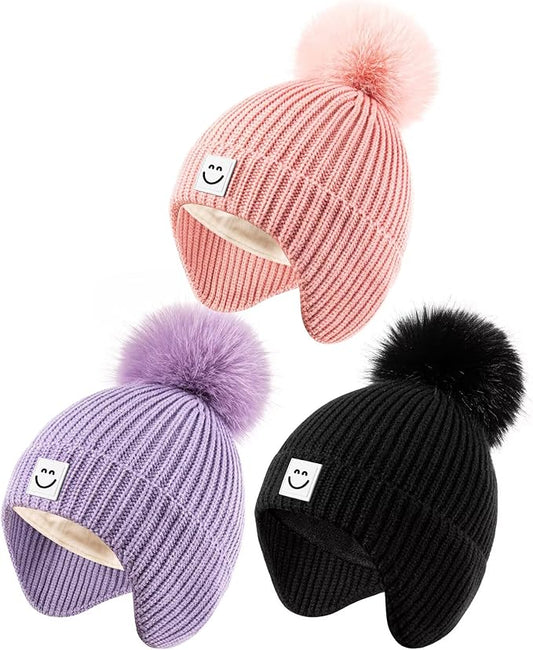 3 Pack Baby Winter Hats with Earflaps, 2 Size Kids Pom Pom Beanie for Infant Toddler Children, Smiley Face Hat for Girls Boys