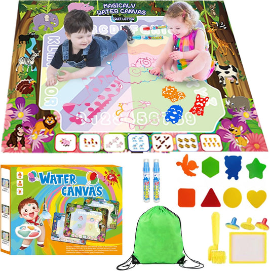 Water Doodle Mat - Magic Water Drawing Mat with Stamps, Roller & Backpack Big Enough Space for 2-3 Kids to Draw Together | No Mess Travel Toy Gift for 3 4 5 6 7 8 Year Old Girls Boys