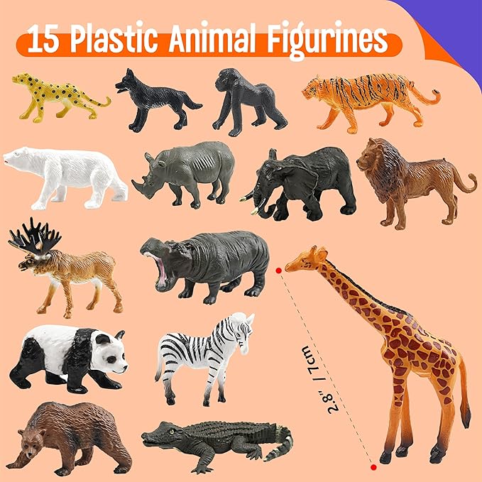 15 Wild Animal Figurines for Kids, Plastic Safari Animal Toys Tiny Portable Jungle Creature Figures Playset Montessori Toys Educational Game for Homeschool Preschool Toddler Kids