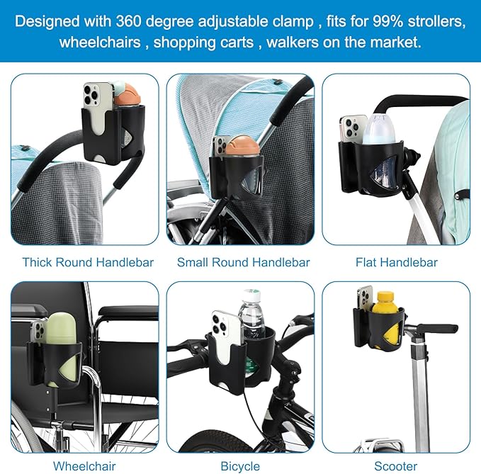 Accmor Universal Cup Holder with Hook, Stroller Cup Holder with Phone Holder, 360° Rotatable Large Caliber Designed Bottle Holder for Stroller, Bike, Wheelchair, Walker, Scooter
