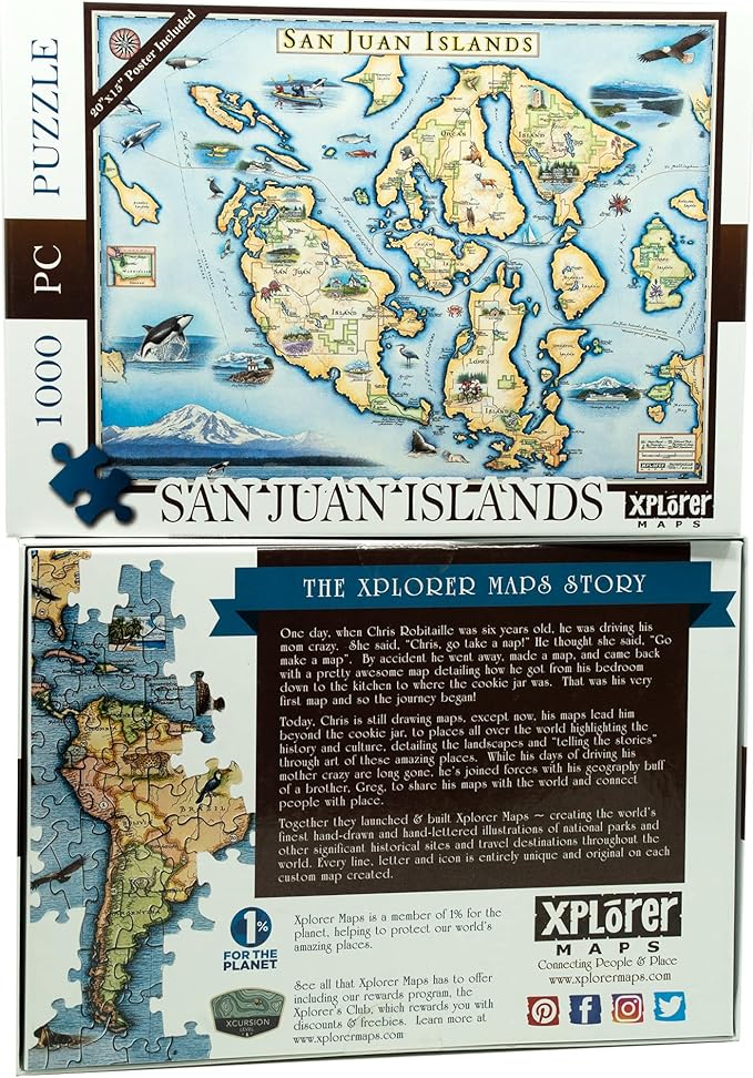 San Juan Island Map Cardboard Jigsaw Puzzle - 1000 Pieces, Hand-Illustrated - Educational, Family Activity, Ages 7+, Includes Poster - 25.4 x 19.8