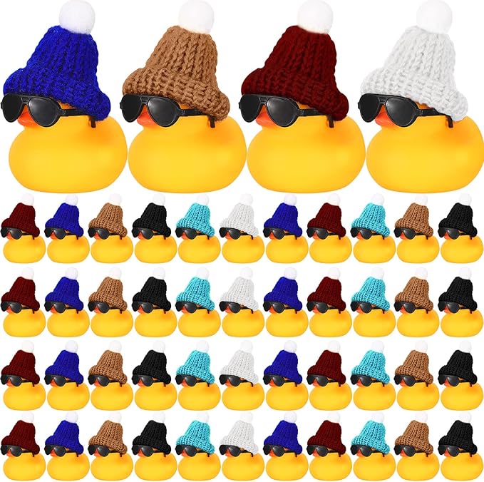 Chivao 48 Pcs Mini Rubber Duck in Bulk with 48 Sunglasses and 48 Knitting Hats Sets, Duck Bath Rubber Ducky Bathtub Toys for Cruise Birthday Baby Shower Bath Pool Party Carnival Game Gift