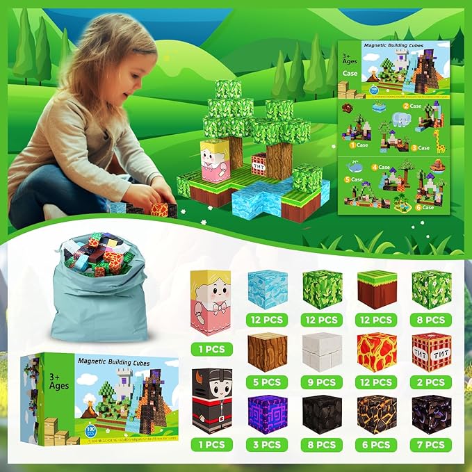 Magnetic Blocks, 100 PCS Building Blocks Set, Magnetic Tiles Building Toys for 3+ Year Old Boys & Girls, STEM Magnetic Building Blocks for Toddlers Kids