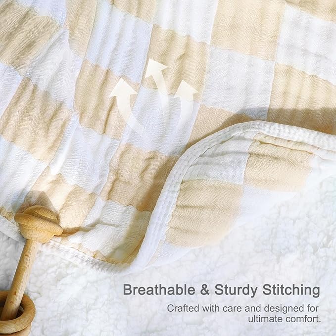Muslin Swaddle Blankets, Checkered Receiving Blankets for Baby Boys and Girls, 43 x 43 Inches Baby Swaddle Neutral Wrap 70% Cotton and 30% Rayon Khaki