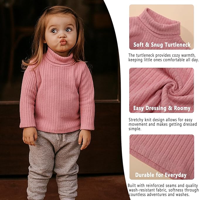 DEFAHN 2 Pack Toddler Unisex Solid Turtleneck T-Shirt Long Sleeve Ribbed Sweatshirt Basic Tee Tops Girls Boys
