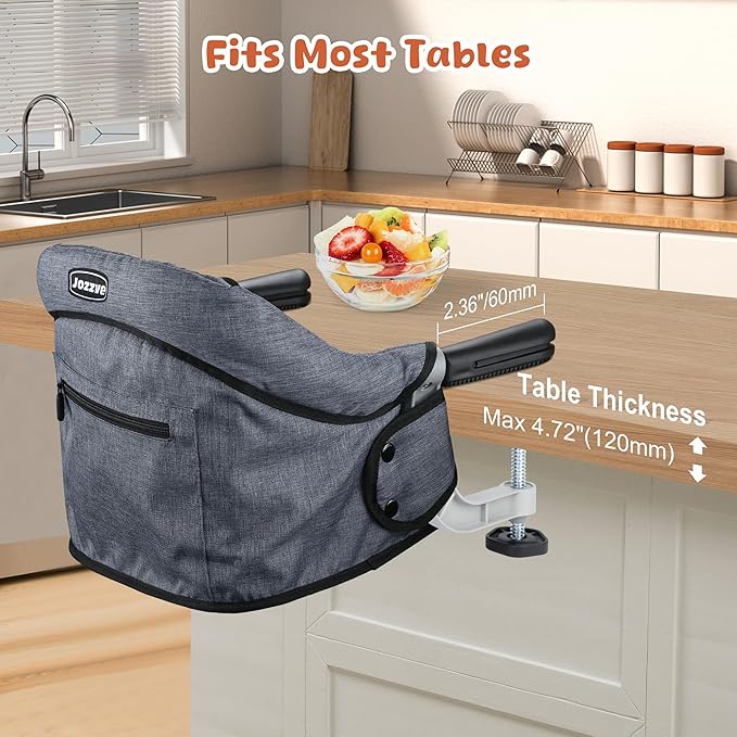 Hook On High Chair, Jozzve Baby High Chair, Portable High Chair for Travel, Foldable Fast Table Chair with Storage Bag, Baby Feeding Seat Clip On High Chair for Home and Travel (Grey)