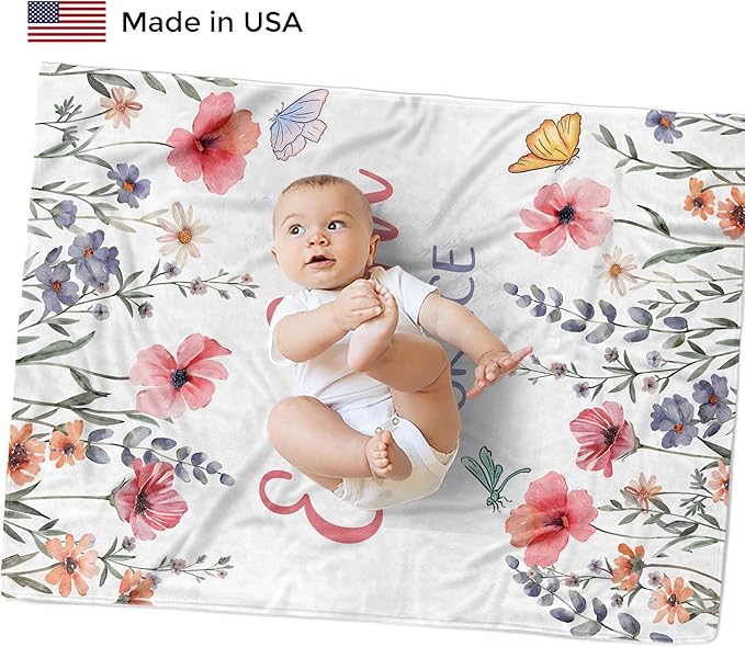 Custom Baby Blankets for Boys, Customized Baby Boy Gifts with Name, Personalized Baby Blankets, Soft Plush Fleece (Flower TM44)