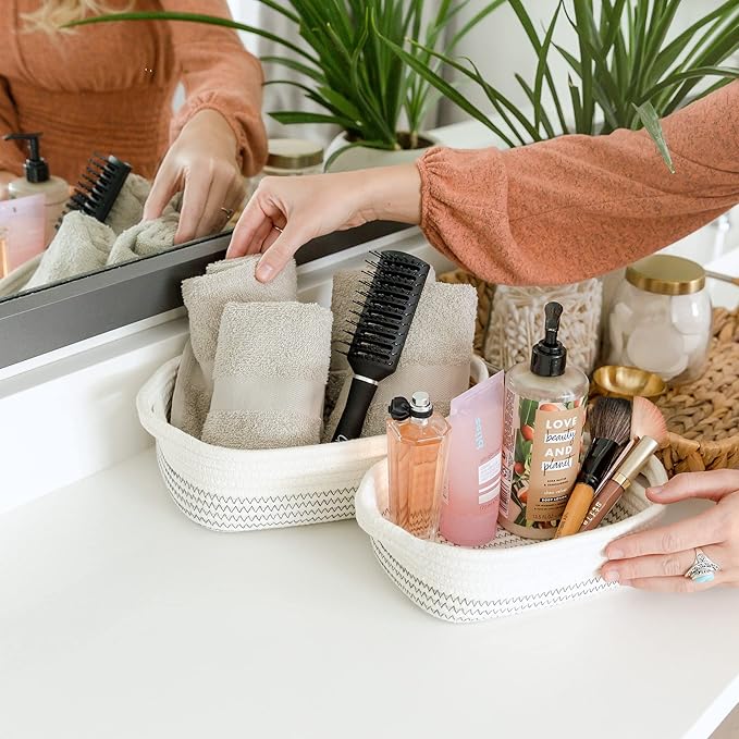 NaturalCozy 5-Piece Rectangle Storage Basket Set- Natural Cotton Rope Woven Baskets for Organizing! Small Basket for Montessori, Baby Nursery, Dog Toy Baskets, Cat Toy Box, Bathroom Organization Bin