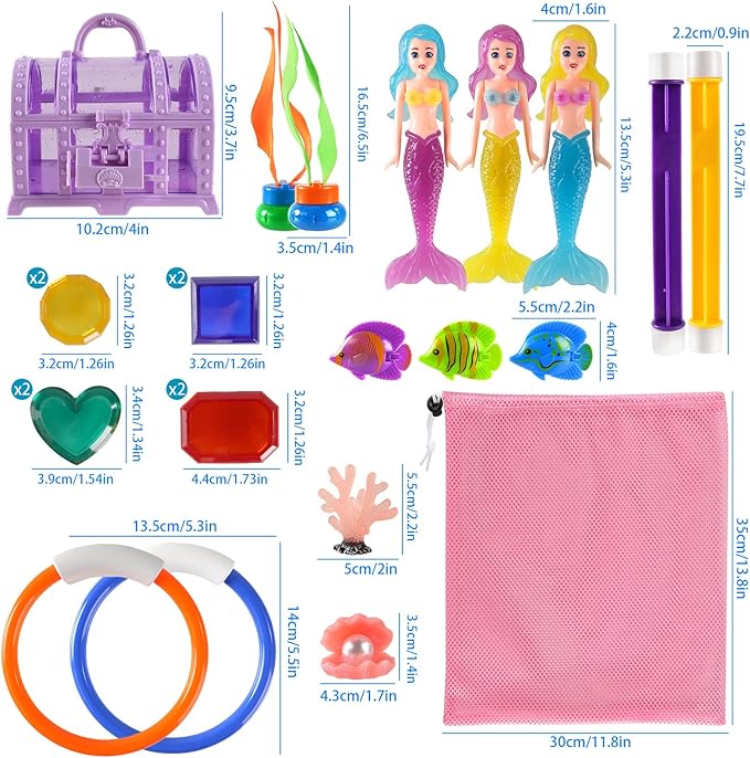 Diving Pool Toys for Kids Ages 4-12, 27 Pcs Mermaid Pool Toys with Gem Pirate Treasure and Chestand Storage Bag, Swimming Training Game Toy Summer Beach Party Gifts for Boys Girls Toddlers