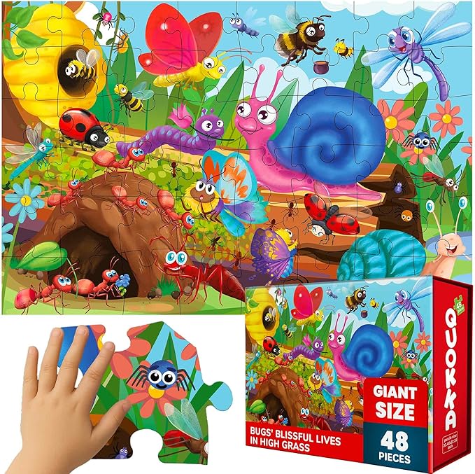 QUOKKA Giant Floor Puzzle for Kids Ages 4-6 – 2x3 Feet Extra-Thick 48 Pieces Toddler Puzzle Ages 3-5 – Bugs Educational Activity for Boys Girls – Premium Box with Sturdy Handle & Magnetic Closure