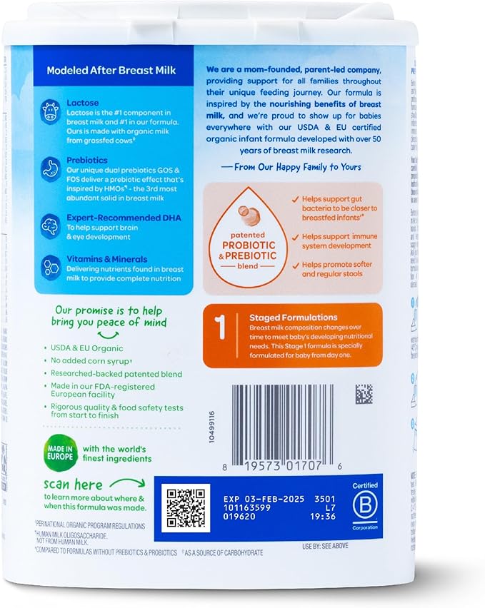 Happy Baby Organics Stage 1 Infant Formula, 0-12 Months, Milk Based Organic Baby Formula Powder with Iron, Probiotics & Prebiotics for Immune & Digestive Support, 22.9 Ounce (Pack of 1)