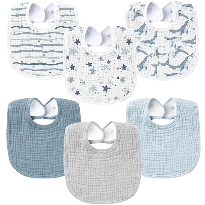Konssy 6-Pack Muslin Baby Bibs for Boys & Girls, Soft Cotton Absorbent Bandana Drool Bibs for Drooling & Teething