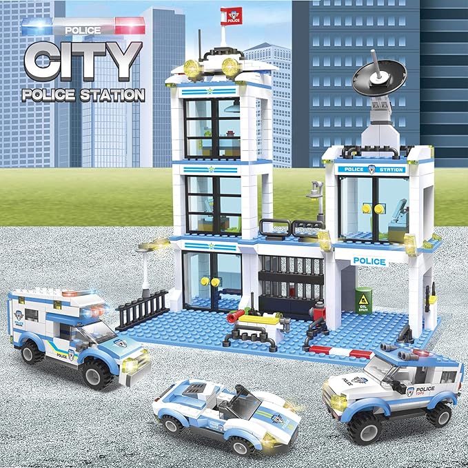 Liberty Imports 736-Piece City Police Station Building Blocks Set, with 3 Police Cars, Cop Patrol Car, Prison Car, Construction Toy Building Bricks Kit, Gift for Boys & Girls 6-12