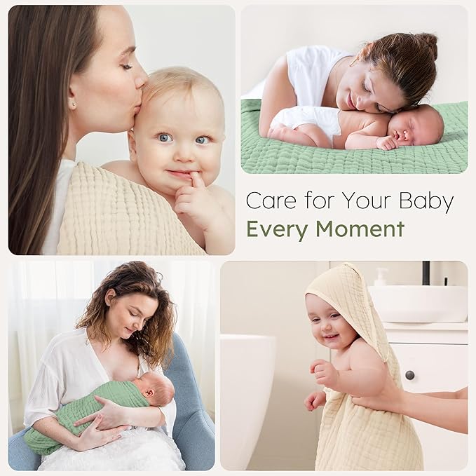 Looxii Baby Bath Towels 2 Pack Muslin Hooded Baby Towels for Newborn and Infants, 100% Cotton, Large 32x32Inch, Soft and Absorbent Beige+Green