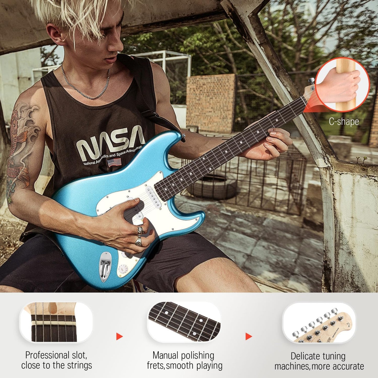 Donner DST-100T 39 Inch Electric Guitar Beginner Kit Solid Body Full Size Lake Blue HSS Pick Up for Starter, with Amplifier, Bag, Digital Tuner, Capo, Strap, String,Cable, Picks