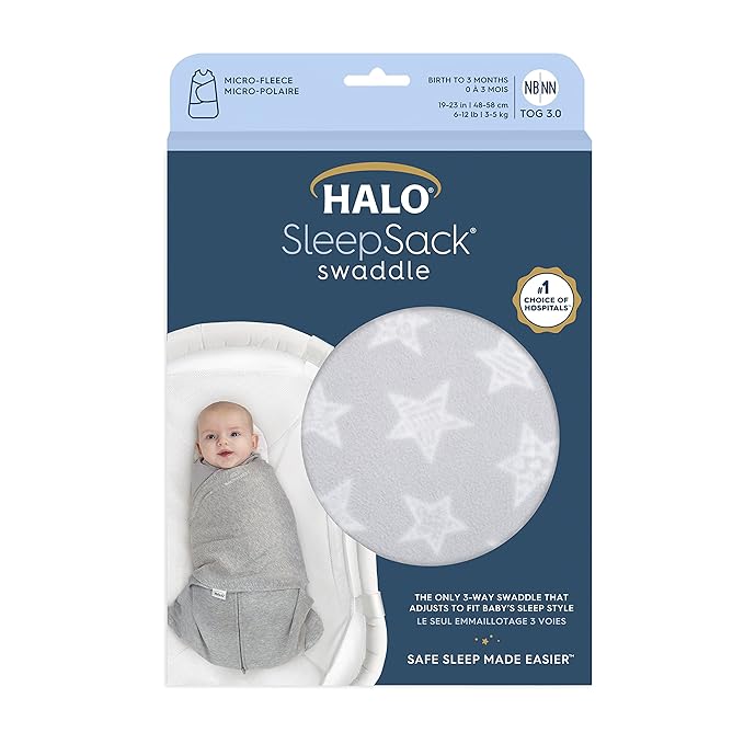 HALO Micro-Fleece Sleepsack Swaddle, 3-Way Adjustable Swaddle Blanket for Newborn and Infants, TOG 3.0 for Cold Climates, Hip Healthy, Grey Stars, Small, 3-6 Months