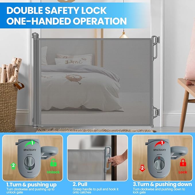 Retractable Baby Gate for Stairs & Doorways - 55" Wide Portable Safety Gate | Fits Baseboards, Easy to Use Indoor/Outdoor | Mesh Gate for Dogs, Puppies, Gray