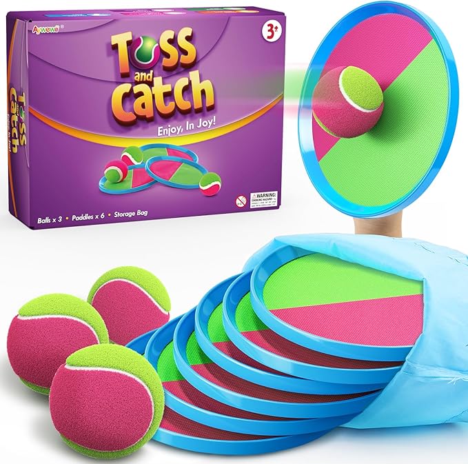 Aywewii Fun Toss and Catch Ball Set Kids Games, Beach Outdoor Backyard Lawn Toys for Kids with 6 Paddles and 3 Balls, Birthday Gift for Age 3-12 Old Boys Girls Kids Adults Family