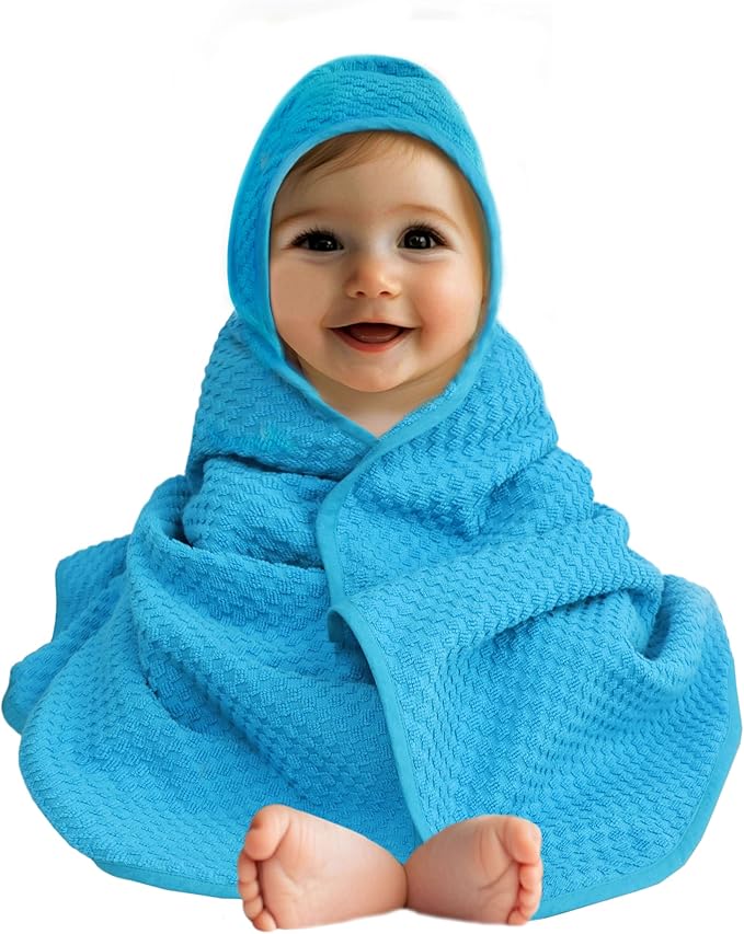ORIGINAL KIDS Hooded Baby Towel for Newborn - Soft Snugly Waffle Weave Baby Bath Towel with Hood for Infants, Toddlers - 100% Cotton Wrap - Absorbent Newborn Bath Essentials - Large 32x32 - Aqua