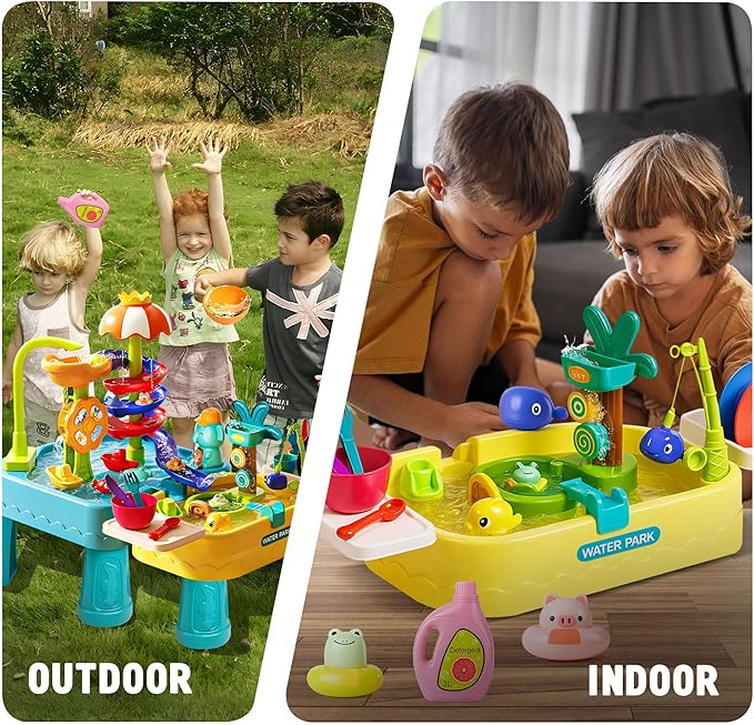 Water Table for Toddlers 1-3, 4-in-1 Outdoor Sand and Water Play Tables with Pump, Summer Kitchen Sink Toy with Fishing Game, Floating Boat, Sensory Gifts for Kids Ages 3-8