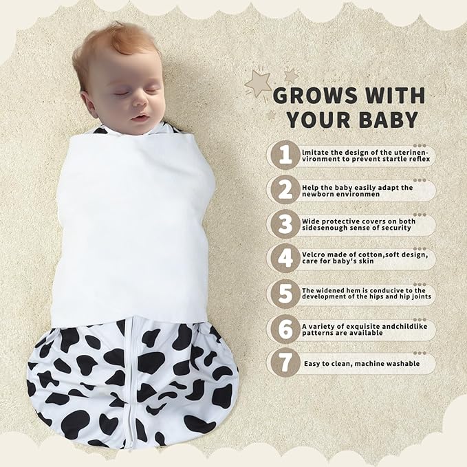 Newborn Sleep Sack Baby Swaddle,3-Way Adjustable Wearable Blanket,100% Rayon Cotton Swaddling Sleeping Bag. (Cloud & Cow Print, 3-6 Months)
