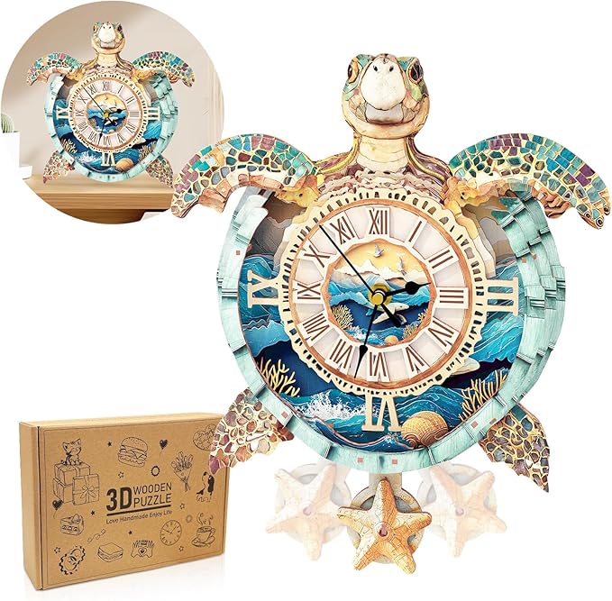 wudhank 3D Puzzle for Adults Clock - Sea Turtle Clock Design Model Kit-Mechanical DIY Pendulum Clocks with Roman Numerals-Desk Home Office Decor Personalized Gift for DIY Lovers