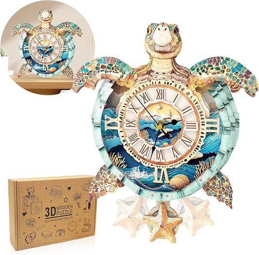 wudhank 3D Puzzle for Adults Clock - Sea Turtle Clock Design Model Kit-Mechanical DIY Pendulum Clocks with Roman Numerals-Desk Home Office Decor Personalized Gift for DIY Lovers