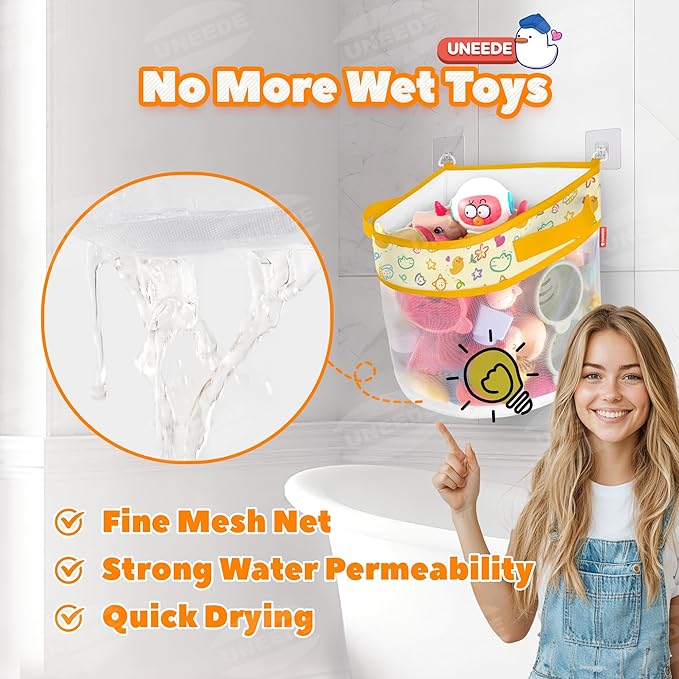 UNEEDE Duck Print Bath Toy Organizer, 4.15 Gallons Bathtub Toy Holder, Quick Dry Mesh Shower Caddy, Yellow Duck Stuff