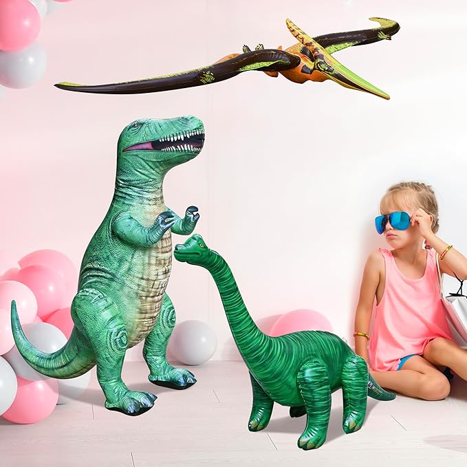 Jet Creations Inflatable Dinosaur 3-Pack – T-Rex (37"), Brachiosaurus (28"), Pteranodon (57") – Prehistoric Animal Toys for Kids & Adults, Jurassic Decor, Pool Fun, Party Display & Photo Props