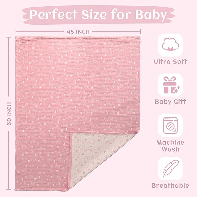 NTBAY 3 Layer Oversized Muslin Cotton Toddler Blanket, Jacquard Reversible Nursery Bed Blanket, Super Soft and Thermal for All Seasons, Baby Gift, 45"x60", Pink Rabbit
