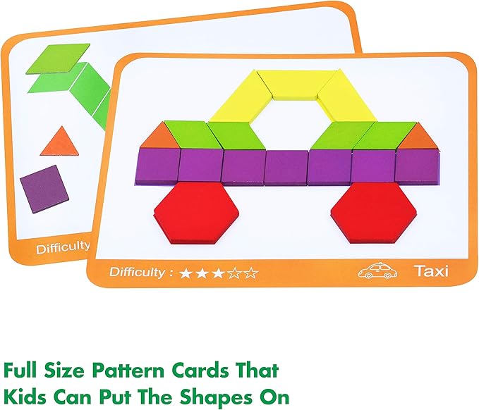 300 PCS Wooden Pattern Blocks Set for Kids with 24 Double-Sided Design Cards(48 Patterns) and Storage Bag in Gift Box,Fun Montessori Learning Toys