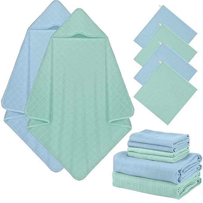 Preboun 6 Pcs Muslin Hooded Baby Towels and Washcloths 32"x 32" Cotton Newborn Bath Towel Anti-Shrink Infant Baby Blankets with Hood 12"x 12" Washcloths for Girl Boy Toddler(Light Blue,Light Green)