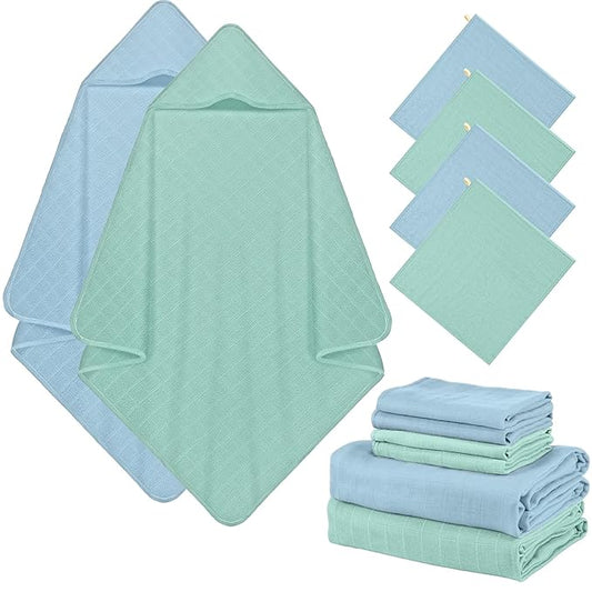 Preboun 6 Pcs Muslin Hooded Baby Towels and Washcloths 32"x 32" Cotton Newborn Bath Towel Anti-Shrink Infant Baby Blankets with Hood 12"x 12" Washcloths for Girl Boy Toddler(Light Blue,Light Green)