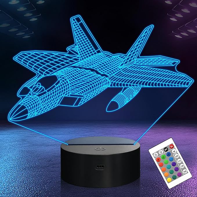 Airplane Model Gifts for Boys Men Pilot,16 Colors 3D Airplane Night Light for Aviation Lovers Room Decor,F-22 Raptor Vehicle Flighter Jet Plane 3D Illusion Lamp for Kids Xmas Gifts